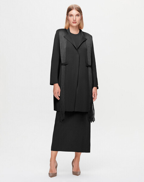 T25K-8008 Önü Püsküllü Triko Ceket BLACK 