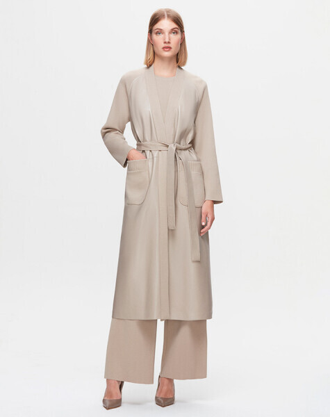 T25K-8011 Önü Deri Kuşaklı Uzun Ceket 8YR71-STONE - 2