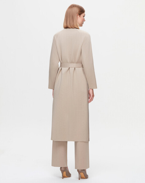 T25K-8011 Önü Deri Kuşaklı Uzun Ceket 8YR71-STONE - 3