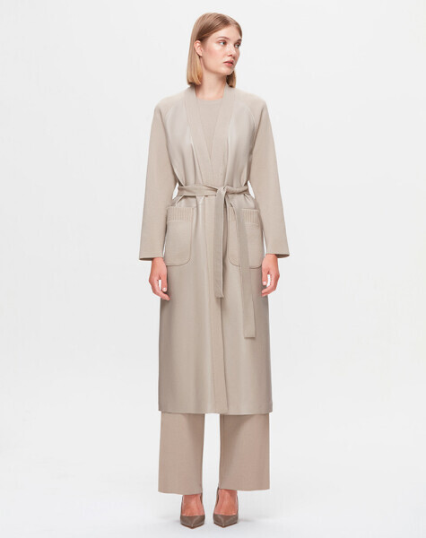 T25K-8011 Önü Deri Kuşaklı Uzun Ceket 8YR71-STONE - MISS DALIDA