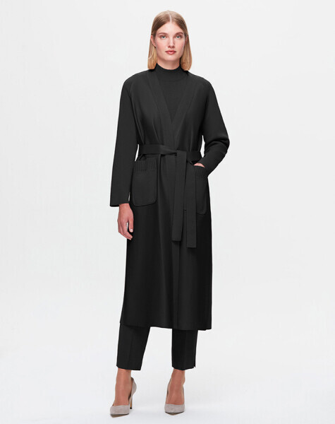 T25K-8011 Önü Deri Kuşaklı Uzun Ceket BLACK 