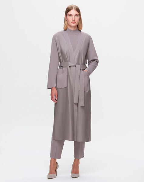 T25K-8011 Önü Deri Kuşaklı Uzun Ceket SCURE-MİNK 