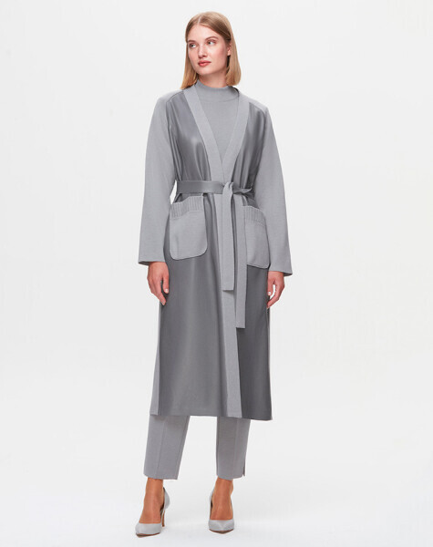 T25K-8011 Önü Deri Kuşaklı Uzun Ceket VİALE-GREY 
