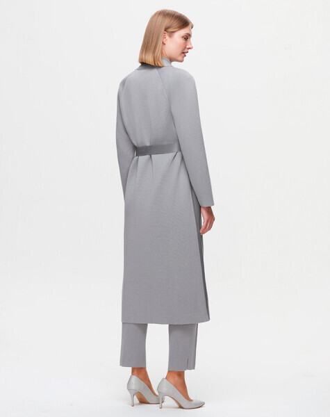 T25K-8011 Önü Deri Kuşaklı Uzun Ceket VİALE-GREY - 3