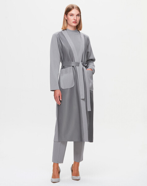 T25K-8011 Önü Deri Kuşaklı Uzun Ceket VİALE-GREY - MISS DALIDA (1)