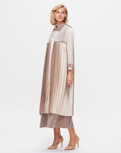 T25K-8016 Kadife Detaylı Plise Kap STONE - 1