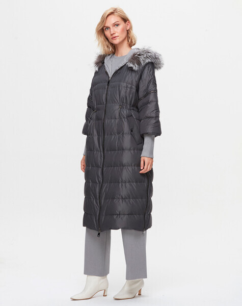 T25K-8018 Kapişonu Kürklü Şişme Mont ANTHRACITE - 1