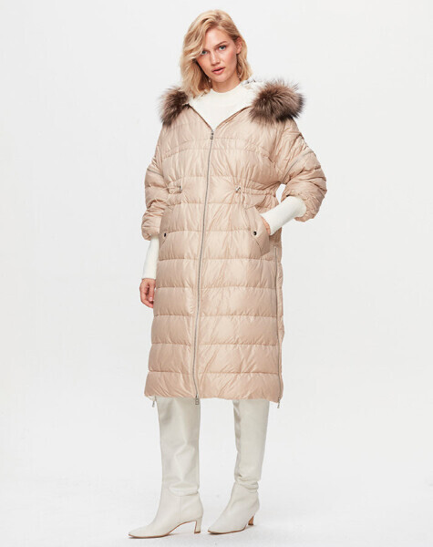 T25K-8018 Kapişonu Kürklü Şişme Mont BEİGE - 1