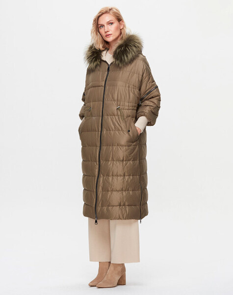 T25K-8018 Kapişonu Kürklü Şişme Mont GREEN 