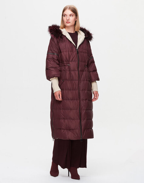 T25K-8018 Kapişonu Kürklü Şişme Mont OUBERGINE - 1