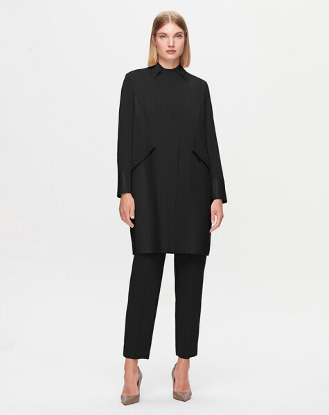 T25K-8023 Deri Detaylı Triko Ceket BLACK 