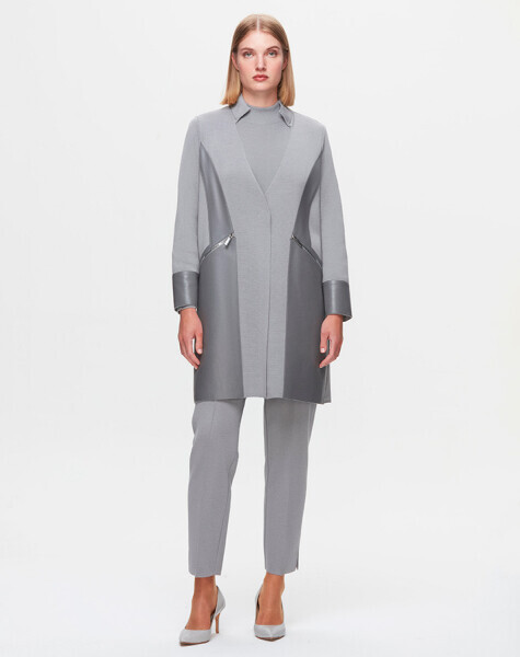 T25K-8023 Deri Detaylı Triko Ceket VİALE-GREY - MISS DALIDA