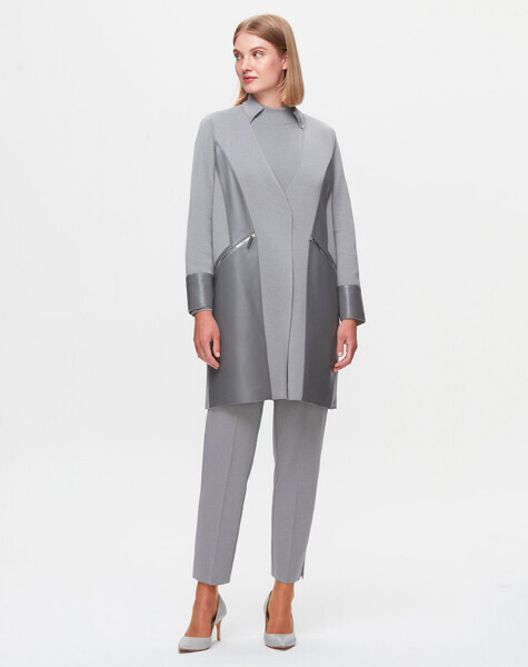 T25K-8023 Deri Detaylı Triko Ceket VİALE-GREY - MISS DALIDA (1)