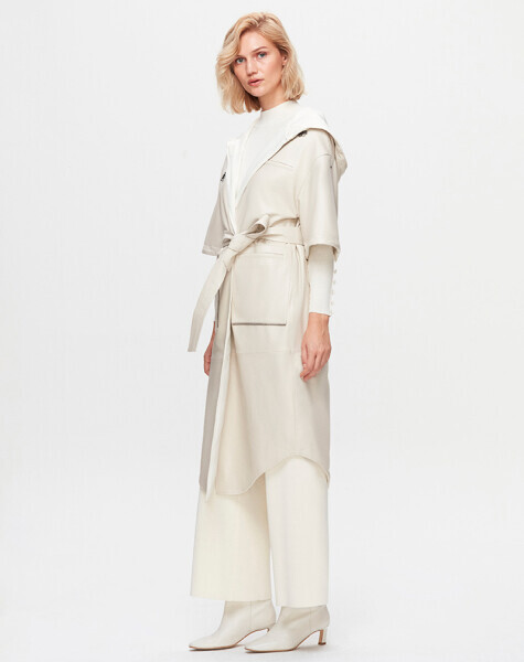 İçi Triko Astarlı Deri Bej Ceket - 1