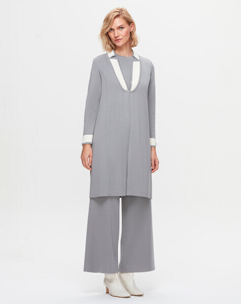 T25K-9003 Yaka Detaylı Agraflı Uzun Hırka VİALE-GREY 