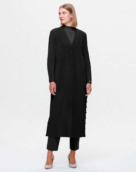 T25K-9007 Düz Renk Uzun Basic Hırka BLACK - 1