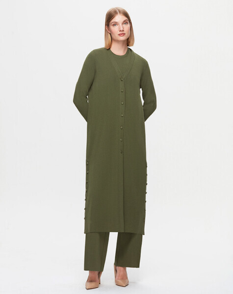 T25K-9007 Düz Renk Uzun Basic Hırka FARAD-GREEN - 1