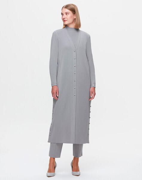 T25K-9007 Düz Renk Uzun Basic Hırka VİALE-GREY - 1