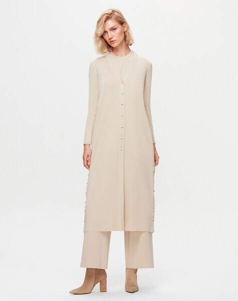 T25K-9007 Düz Renk Uzun Basic Hırka YY216-BEİGE - 2