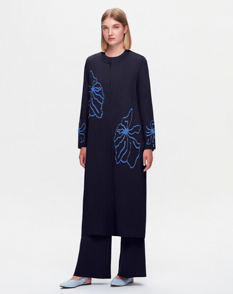 T25K-9008 Çiçek Desenli Agraf Kapama Uzun Hırka BLACK 