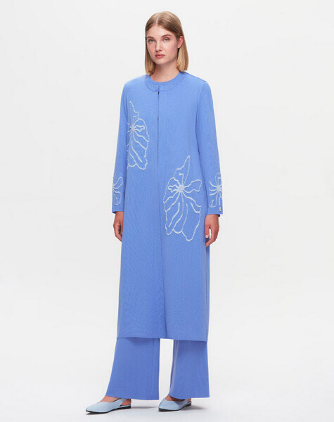 T25K-9008 Çiçek Desenli Agraf Kapama Uzun Hırka PANNO-SAPPHIRE 