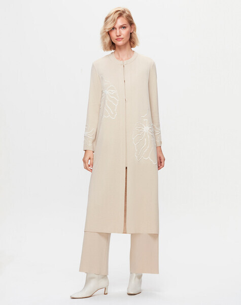 T25K-9008 Çiçek Desenli Agraf Kapama Uzun Hırka YY216-BEİGE - 2