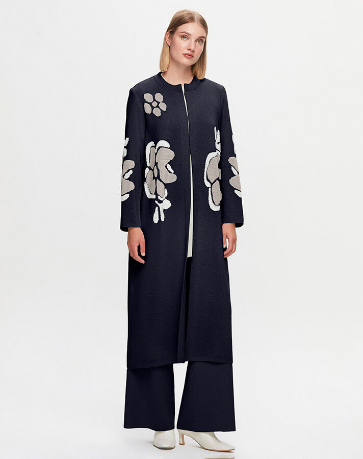 T25K-9009 Floral Patterned Cardigan with Knitting Technique - 4