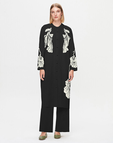 T25K-9017 Önü Çiçek Desenli Hırka BLACK - MISS DALIDA