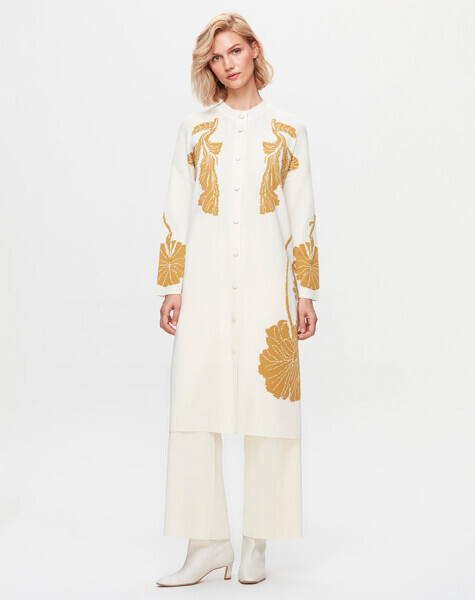 T25K-9017 Önü Çiçek Desenli Hırka FEDE-ECRU / DOTE-MUSTARD - 1