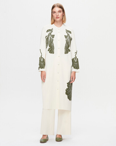 T25K-9017 Önü Çiçek Desenli Hırka FEDE-ECRU / FARAD-GREEN 