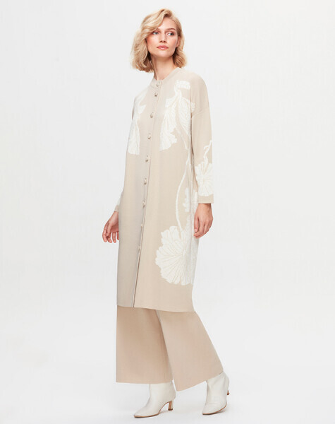 T25K-9017 Önü Çiçek Desenli Hırka YY216-BEİGE - 1
