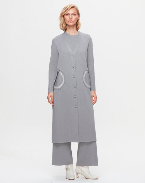 T25K-9019 Cepleri Keçe Detaylı Hırka VİALE-GREY 