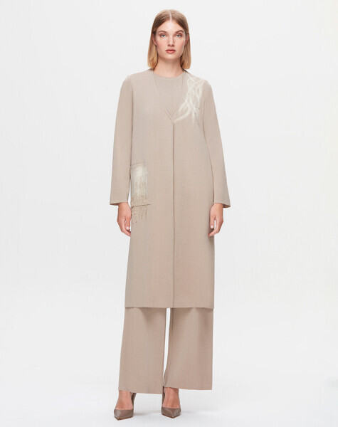 T25K-9021 Önü Keçe Baskılı Hırka 8YR71-STONE - 2