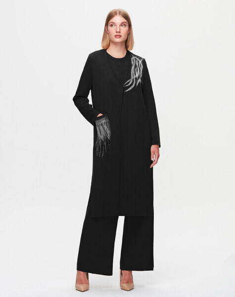 T25K-9021 Önü Keçe Baskılı Hırka BLACK 