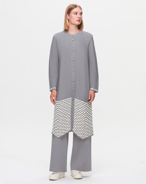 T25K-9023 Etek Ucu Örgü Teknikli Hırka VİALE-GREY - 1