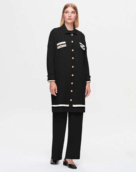 T25K-9025 Saç Örgü Düğme Detaylı Hırka BLACK 