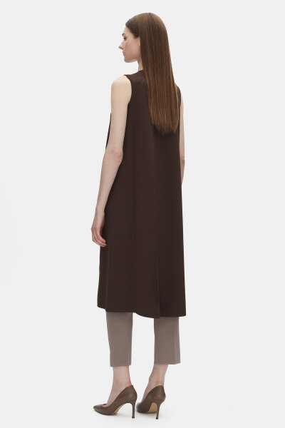 Fermuarlı Uzun Triko Kahverengi Yelek - 2