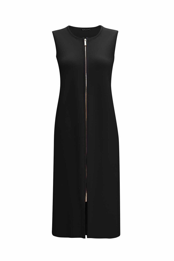 Fermuarlı Uzun Triko Siyah Yelek - 1