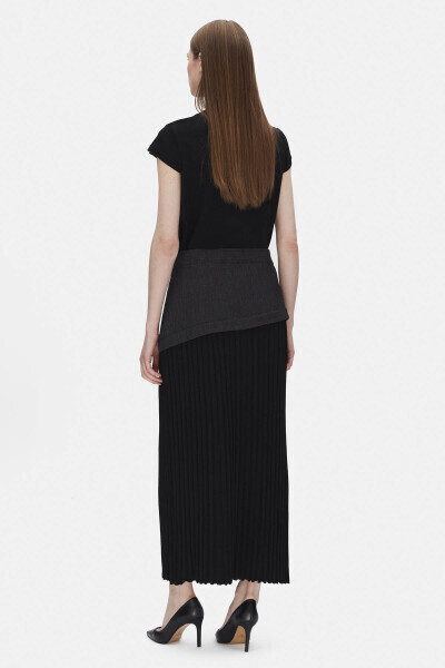 Denim Detaylı Fitilli Kalem Siyah Etek - 2