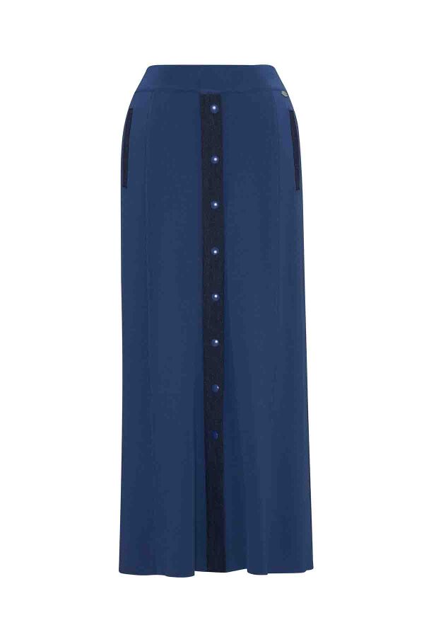 Denim Detaylı Önü Düğmeli Indigo Etek - 1