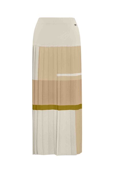 T25PF-2011 Renkli Çizgili Triko Plise Etek 1412-SAND 