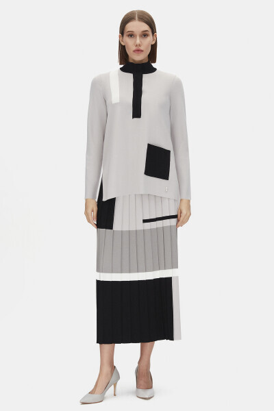 T25PF-2011 Renkli Çizgili Triko Plise Etek BLACK - 1