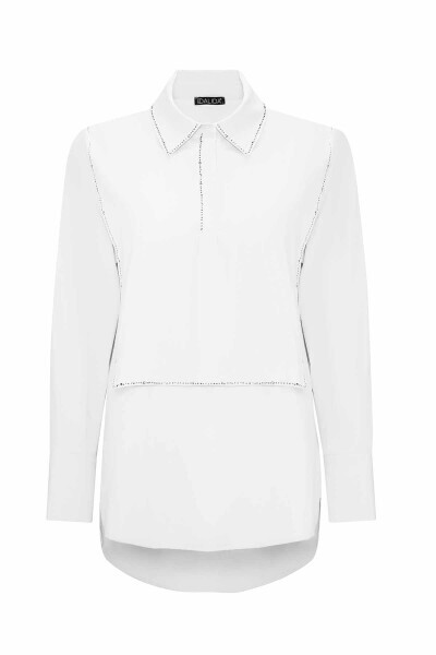 T25PF-3000 Parlak Taş Detaylı Poplin Gömlek WHİTE 