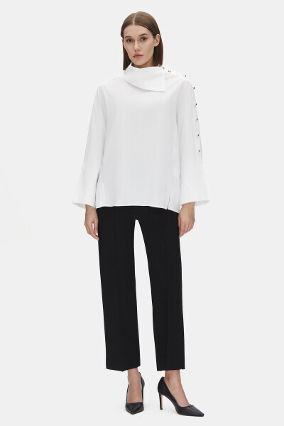 Yaka ve Düğme Detaylı Beyaz Poplin Ekru Gömlek - 1