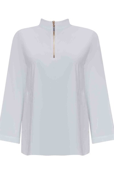 White Poplin Shirt with Zipper Collar - 1