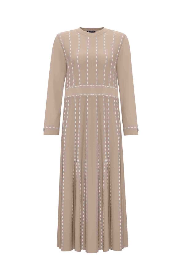 Örgü Teknikli Triko Bej Elbise - 1