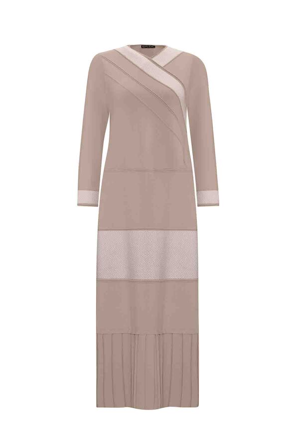 V Yaka Triko Bej Elbise - 1