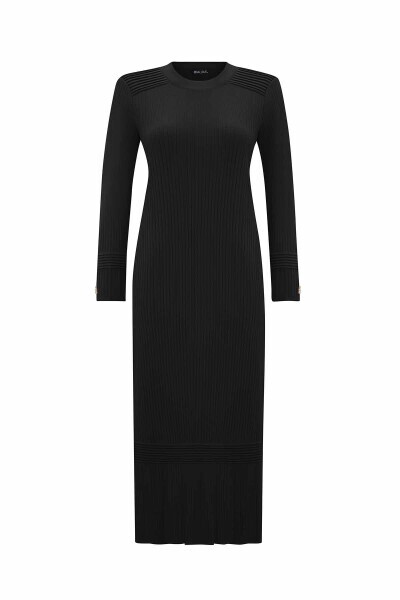 Fitilli Triko Siyah Elbise - 1