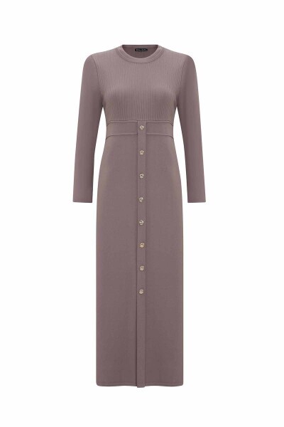 Yuvarlak Yaka Fitil Detaylı Vizon Elbise 