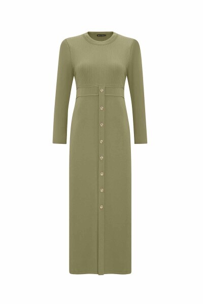 Yuvarlak Yaka Fitil Detaylı Yeşil Elbise - 1